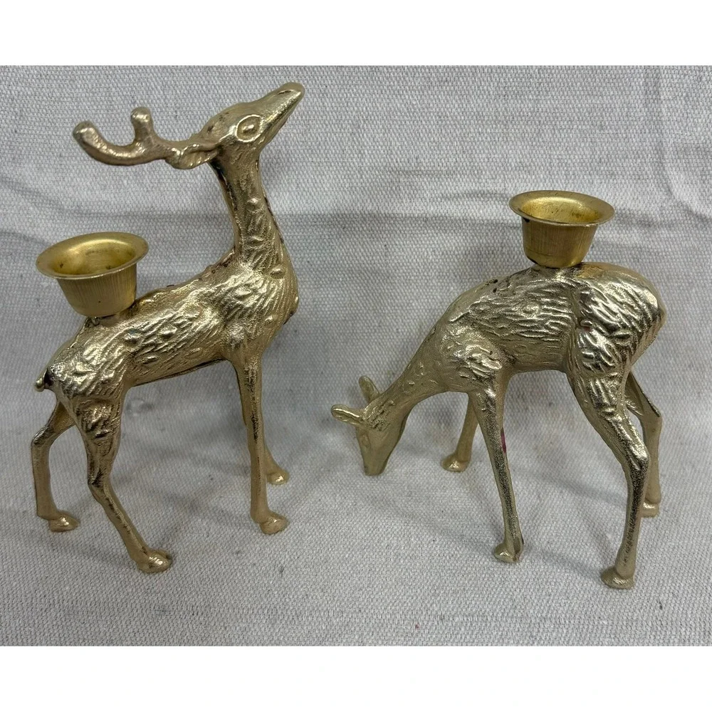 Vintage Brass Deer Candle Holder Set Gold Reindeer Buck Doe Christmas Decor 6in